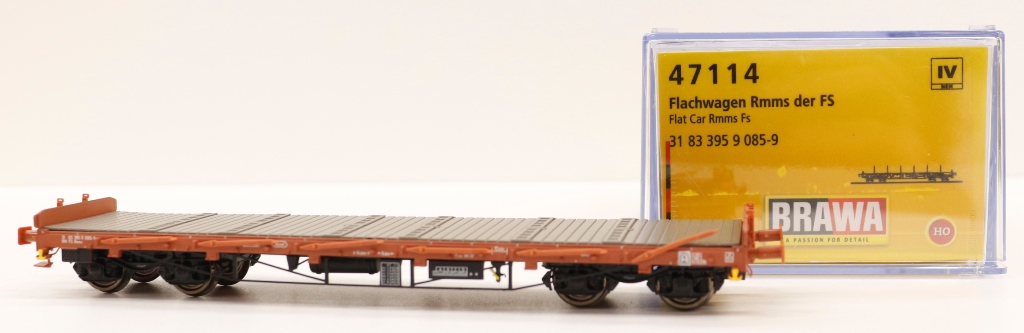 47114 Brawa HO carro merci pianale con stanti Rmms FS ep. IV scala 1:87 47114 Brawa HO carro merci pianale con stanti Rmms FS ep. IV scala 1:87